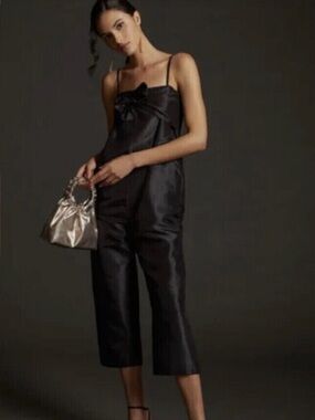 Anthropologie Black Satin Bow-Front Cropped Jumpsuit